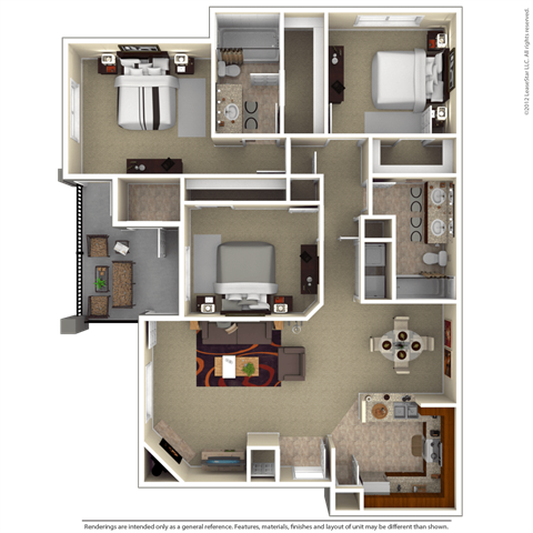 Floor plan for 3 beds, 2 baths